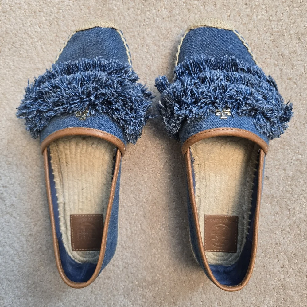 Tory Burch Navy Blue Denim Shaw Fringe Espadrille Flats Size 7.5 - Picture 4 of 12